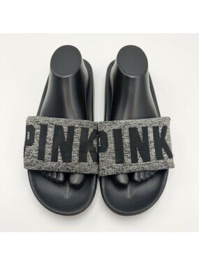 PINK Victoria’s Secret Slide Sandals Black Gray Logo Women’s Size 8 Wide